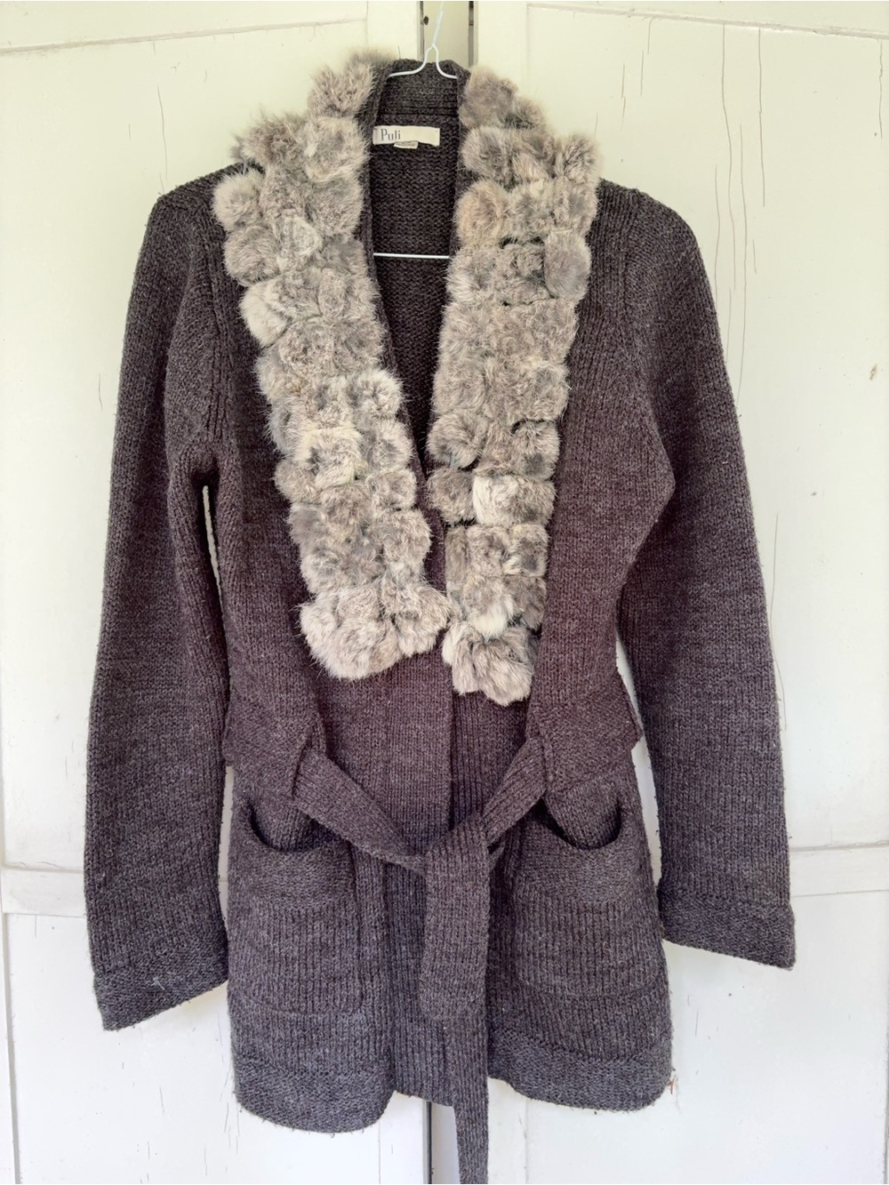Puli Knit Cardigan with Rabbit Fur Trim - Gray